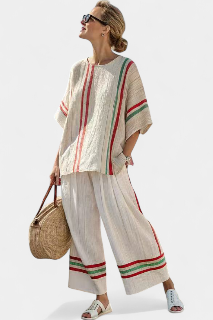 Ensemble Méditerranéen Daisy en lin de bambou avec des rayures élégantes rouges et vertes