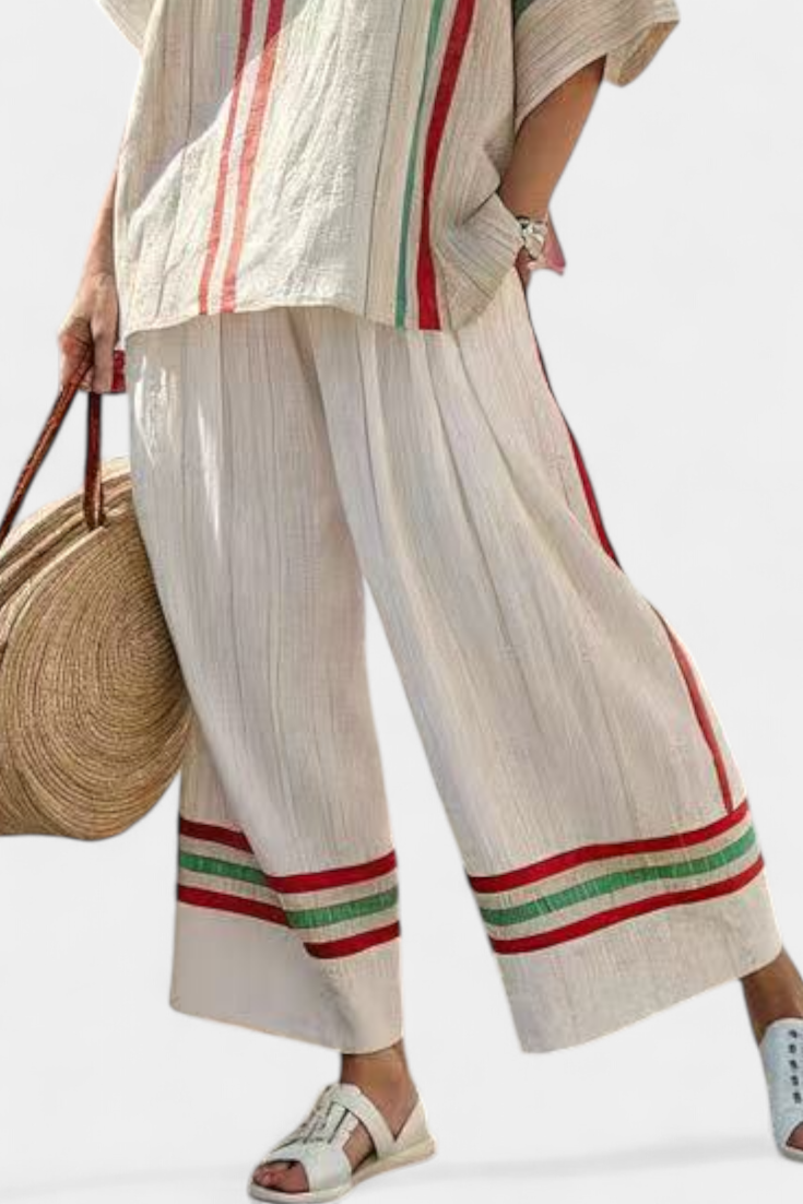 Ensemble Méditerranéen Daisy en lin de bambou avec des rayures élégantes rouges et vertes