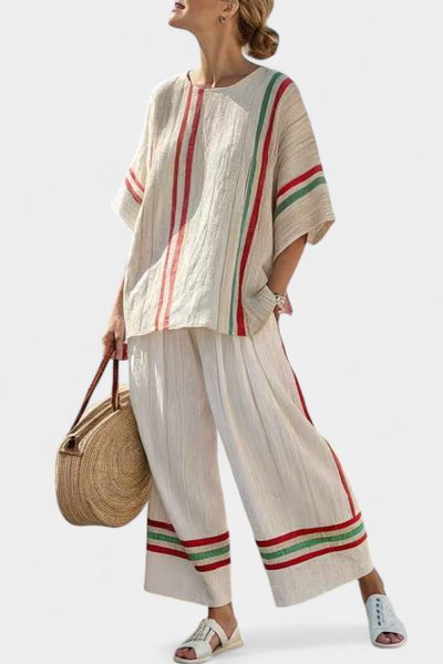 Ensemble Méditerranéen Daisy en lin de bambou avec des rayures élégantes rouges et vertes