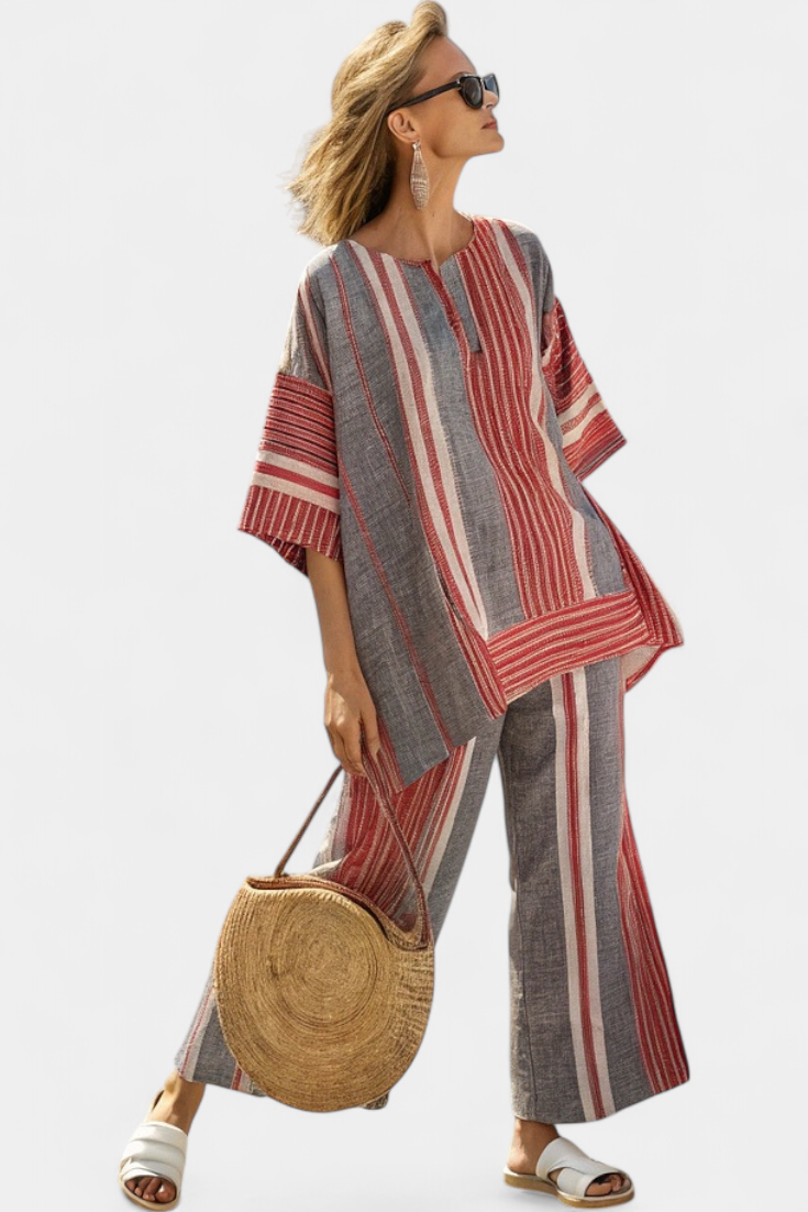 Ensemble Oversize Daisy en Lin avec Jupe à Rayures Rouge Corail et Grises, Style Moderne et Confortable