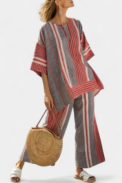 Ensemble Oversize Daisy en Lin avec Jupe à Rayures Rouge Corail et Grises, Style Moderne et Confortable