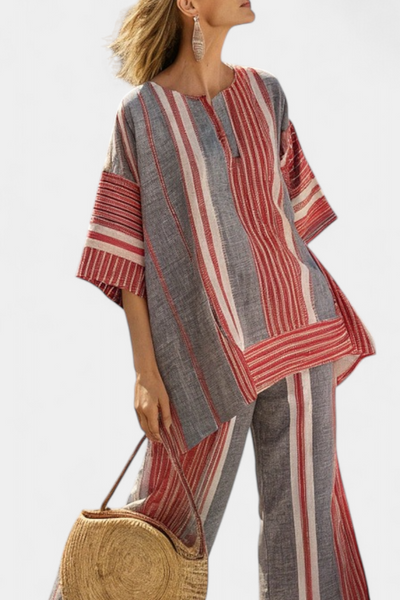 Ensemble Oversize Daisy en Lin avec Jupe à Rayures Rouge Corail et Grises, Style Moderne et Confortable
