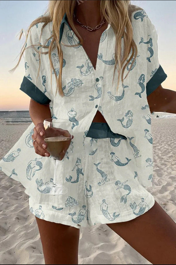 Jalira™ | Ensemble court en lin avec impression sirène