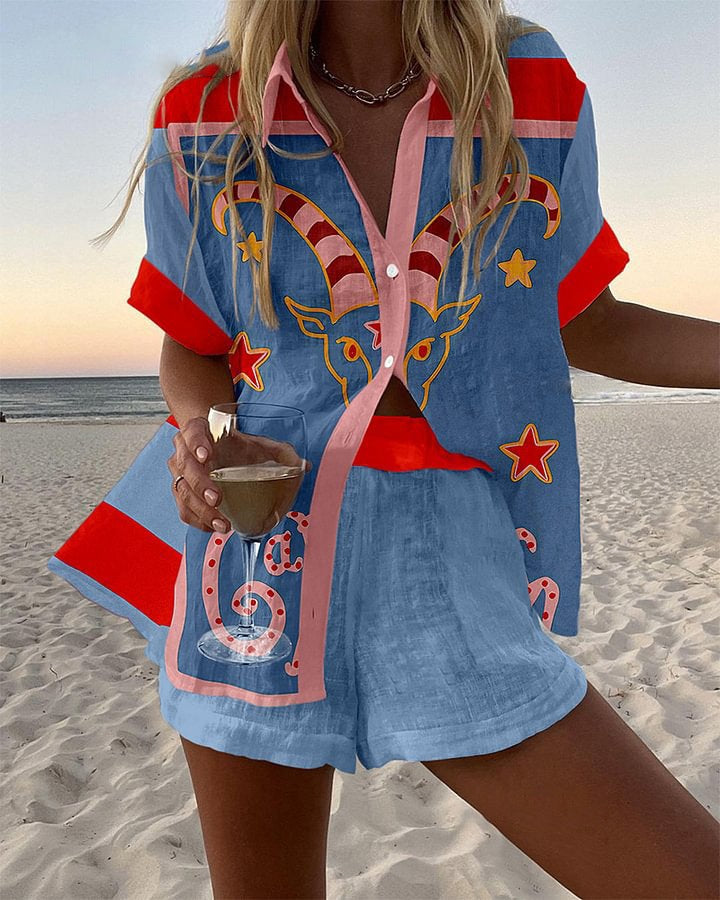 Jorelle™ | Ensemble court en lin avec impression de chèvre