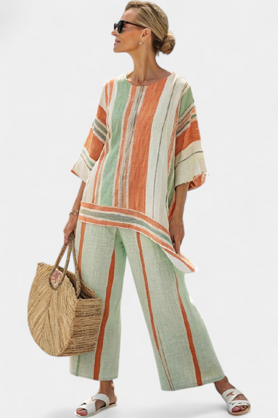 Ensemble Élégant en Lin de Bambou Rayé avec Blouse Asymétrique et Pantalons Amples pour un Style Raffiné