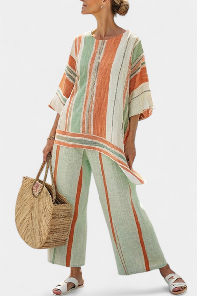 Ensemble Élégant en Lin de Bambou Rayé avec Blouse Asymétrique et Pantalons Amples pour un Style Raffiné