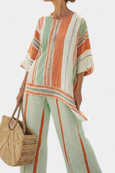 Ensemble Élégant en Lin de Bambou Rayé avec Blouse Asymétrique et Pantalons Amples pour un Style Raffiné