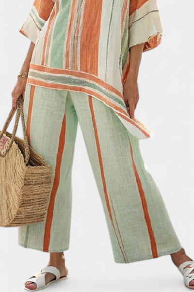 Ensemble Élégant en Lin de Bambou Rayé avec Blouse Asymétrique et Pantalons Amples pour un Style Raffiné