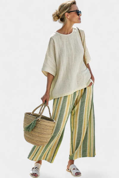 Ensemble en lin de bambou Daisy Méditerranéen avec des rayures vert olive pour un style rafraîchissant et sophistiqué