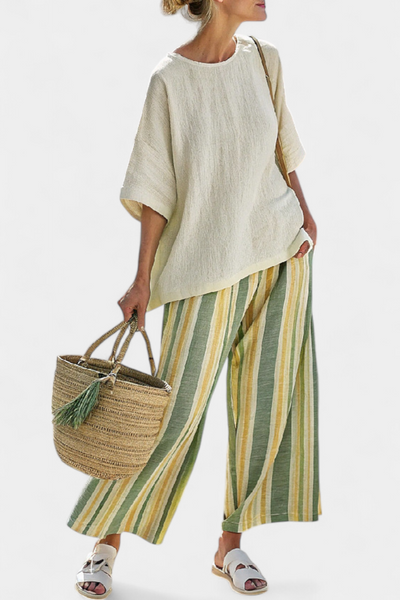 Ensemble en lin de bambou Daisy Méditerranéen avec des rayures vert olive pour un style rafraîchissant et sophistiqué