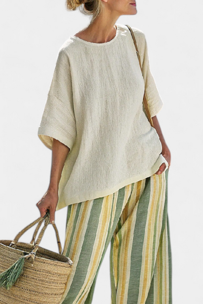 Ensemble en lin de bambou Daisy Méditerranéen avec des rayures vert olive pour un style rafraîchissant et sophistiqué