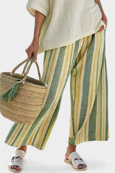 Ensemble en lin de bambou Daisy Méditerranéen avec des rayures vert olive pour un style rafraîchissant et sophistiqué