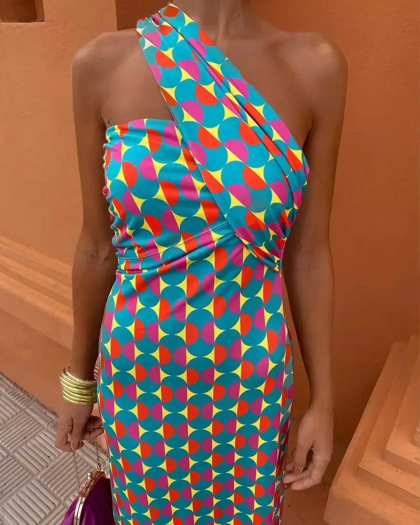 Irmgardi - Robe à Décolleté Asymétrique Coloré