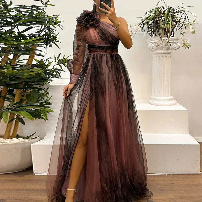 Judith - Robe Maxi en Style Tendance avec Imprimé en Réseau à Épaule Unique