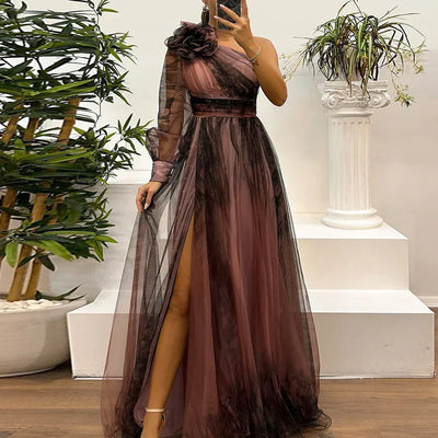 Judith - Robe Maxi en Style Tendance avec Imprimé en Réseau à Épaule Unique