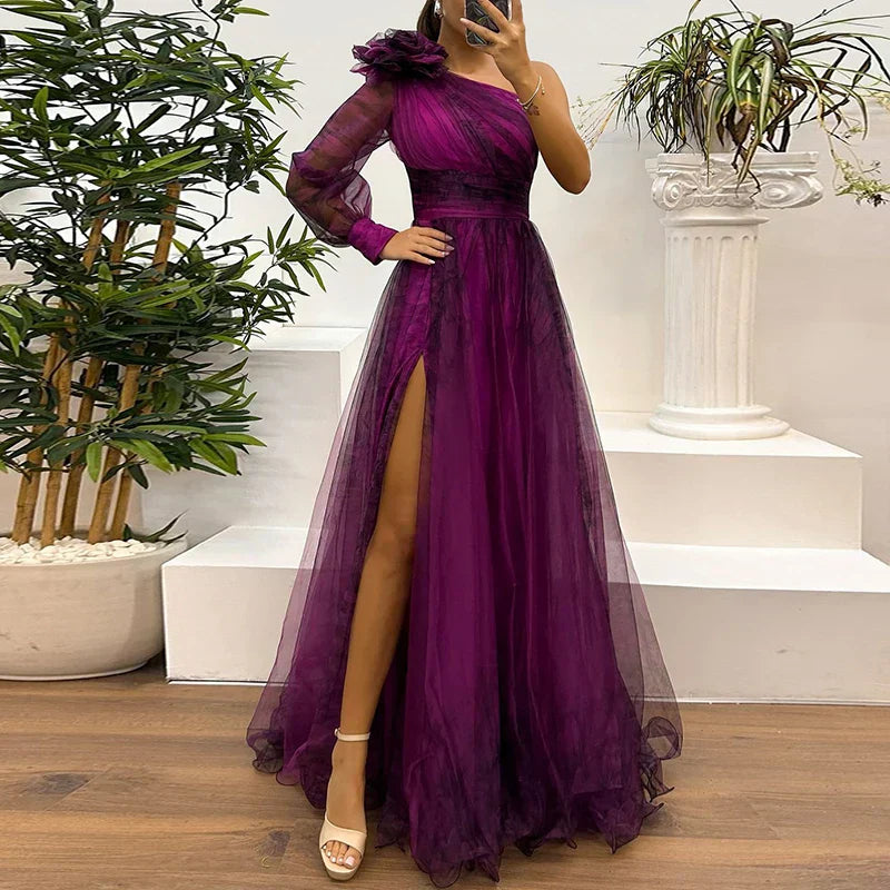 Judith - Robe Maxi en Style Tendance avec Imprimé en Réseau à Épaule Unique