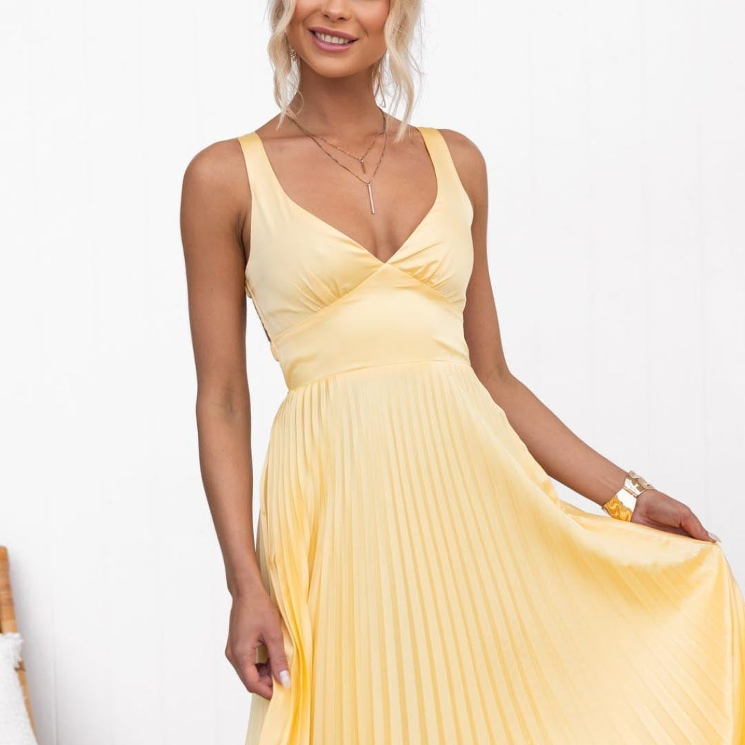 Rozemarijn™ | Robe Maxi Plissée V-Cou Jaune