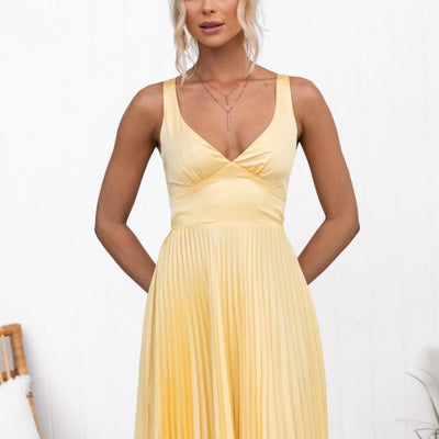 Rozemarijn™ | Robe Maxi Plissée V-Cou Jaune