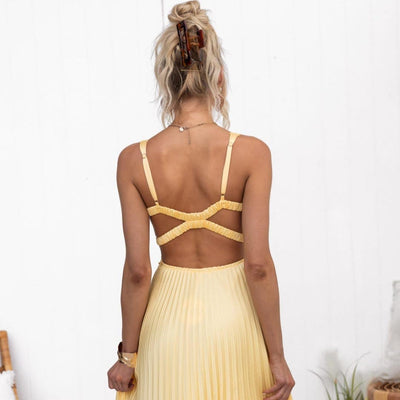 Rozemarijn™ | Robe Maxi Plissée V-Cou Jaune