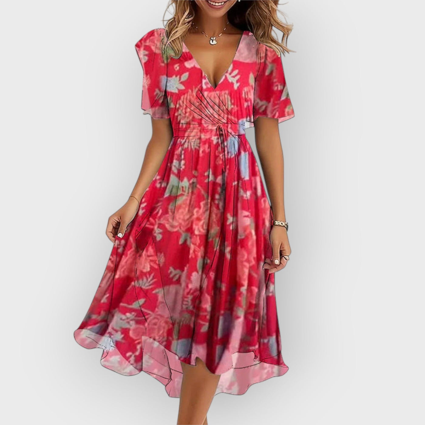 Daisy | Robe Midi Fleurie Élégante avec Décolleté en V