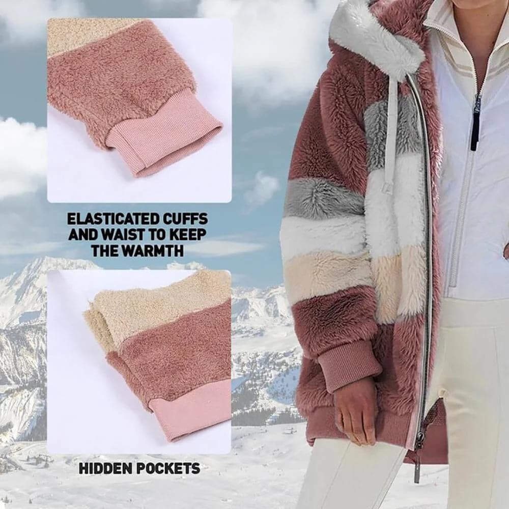 2025 Veste d'hiver en peluche avec capuche colorblock et poches pour femmes