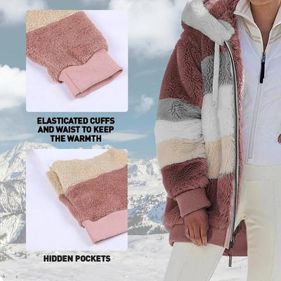 2025 Veste d'hiver en peluche avec capuche colorblock et poches pour femmes
