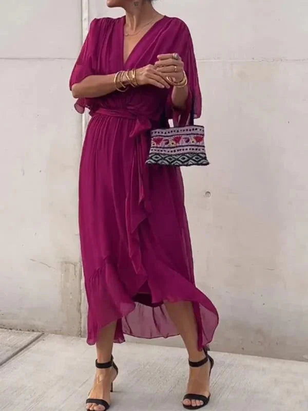 Monica™ | Élégante Robe en Chiffon de Soie avec un Décolleté en V Envoûtant