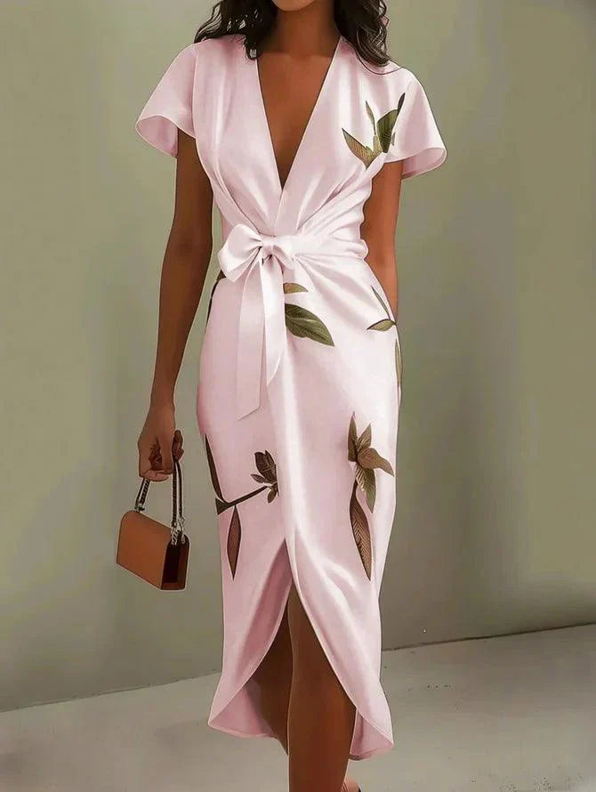Robe midi ajustée en satin avec manches courtes et motif à feuilles blanches