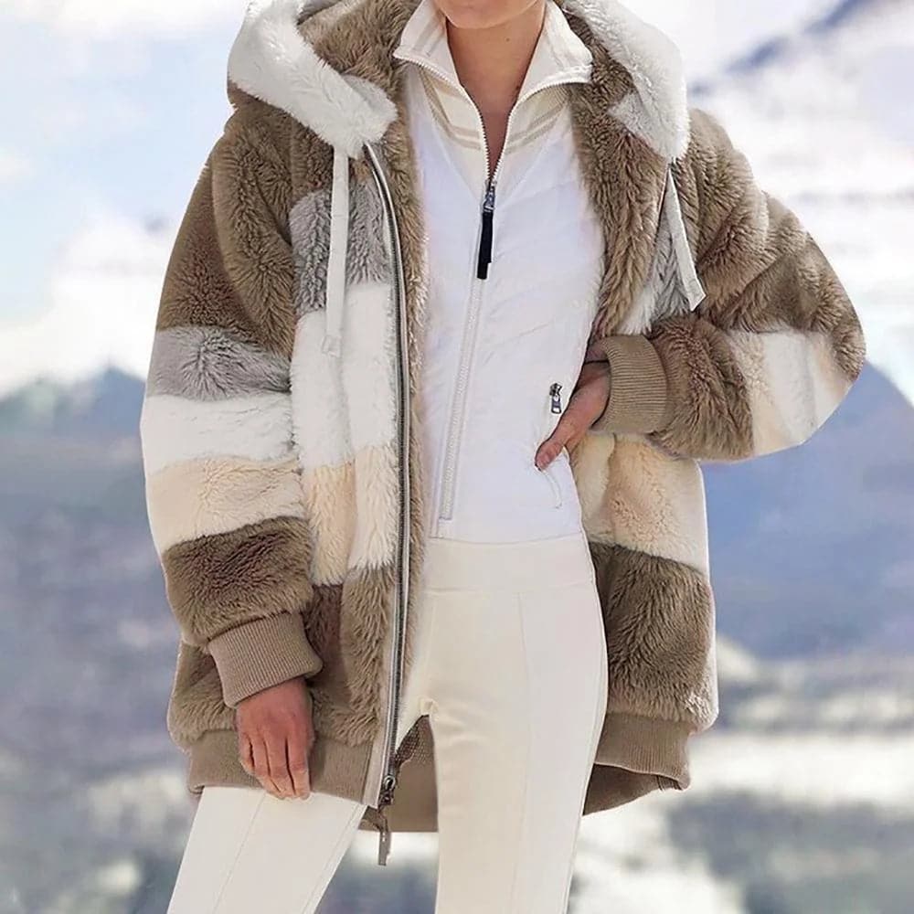 2025 Veste d'hiver en peluche avec capuche colorblock et poches pour femmes