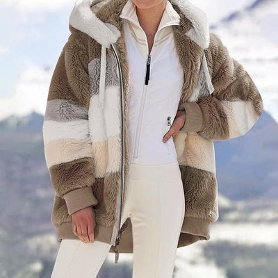 2025 Veste d'hiver en peluche avec capuche colorblock et poches pour femmes