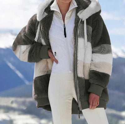 2025 Veste d'hiver en peluche avec capuche colorblock et poches pour femmes
