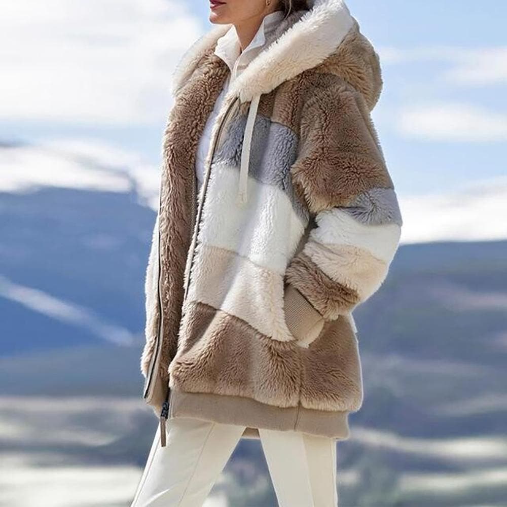 2025 Veste d'hiver en peluche avec capuche colorblock et poches pour femmes