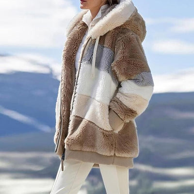 2025 Veste d'hiver en peluche avec capuche colorblock et poches pour femmes