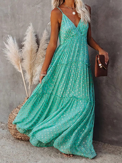 Evi™ Robe Maxi Verte Avec Décolleté En V Et Imprimé Estival Ibiza