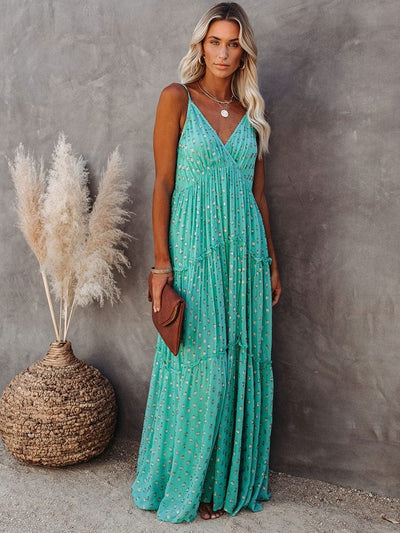 Evi™ Robe Maxi Verte Avec Décolleté En V Et Imprimé Estival Ibiza
