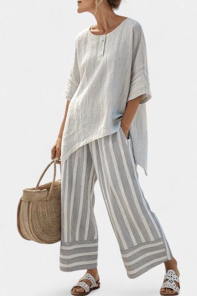 Ensemble Daisy de Blouse Asymétrique et Pantalons Rayés pour un Style Moderne et Élégant