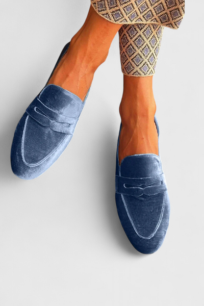 Mocassins Llnica en Velours Bleu avec Détails Patchwork et Bout Rond