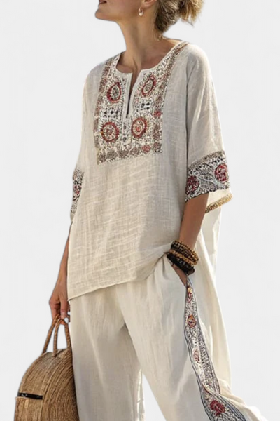 Ensemble Méditerranéen Daisy en lin de bambou avec élégantes rayures rouges et vertes