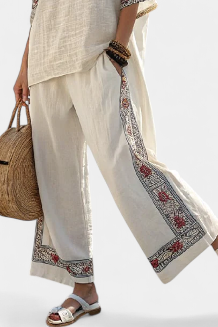 Ensemble Méditerranéen Daisy en lin de bambou avec élégantes rayures rouges et vertes