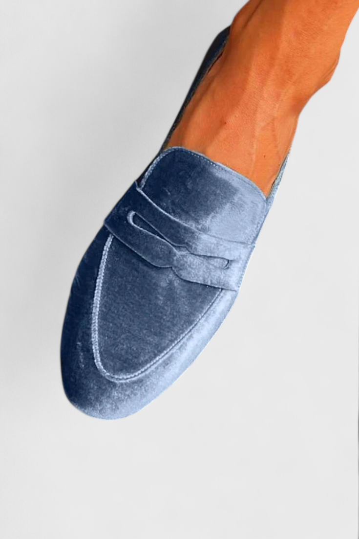 Mocassins Llnica en Velours Bleu avec Détails Patchwork et Bout Rond