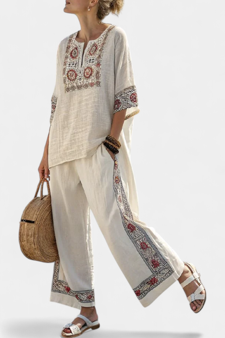 Ensemble Méditerranéen Daisy en lin de bambou avec élégantes rayures rouges et vertes