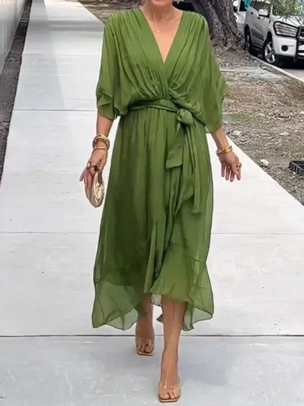 Monica™ | Élégante Robe en Chiffon de Soie avec un Décolleté en V Envoûtant