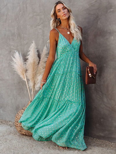 Evi™ Robe Maxi Verte Avec Décolleté En V Et Imprimé Estival Ibiza