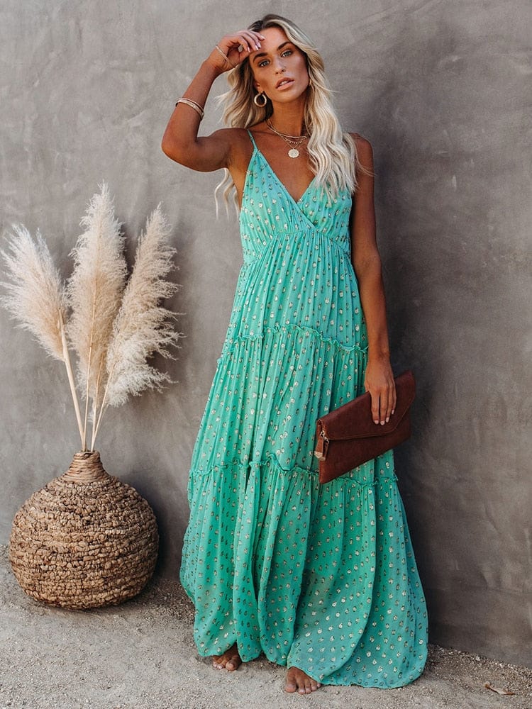 Evi™ Robe Maxi Verte Avec Décolleté En V Et Imprimé Estival Ibiza