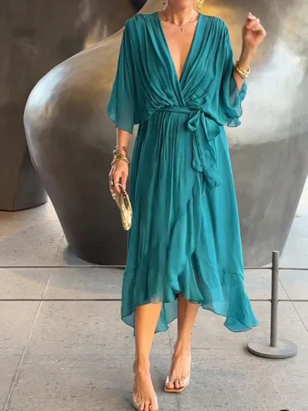 Monica™ | Élégante Robe en Chiffon de Soie avec un Décolleté en V Envoûtant