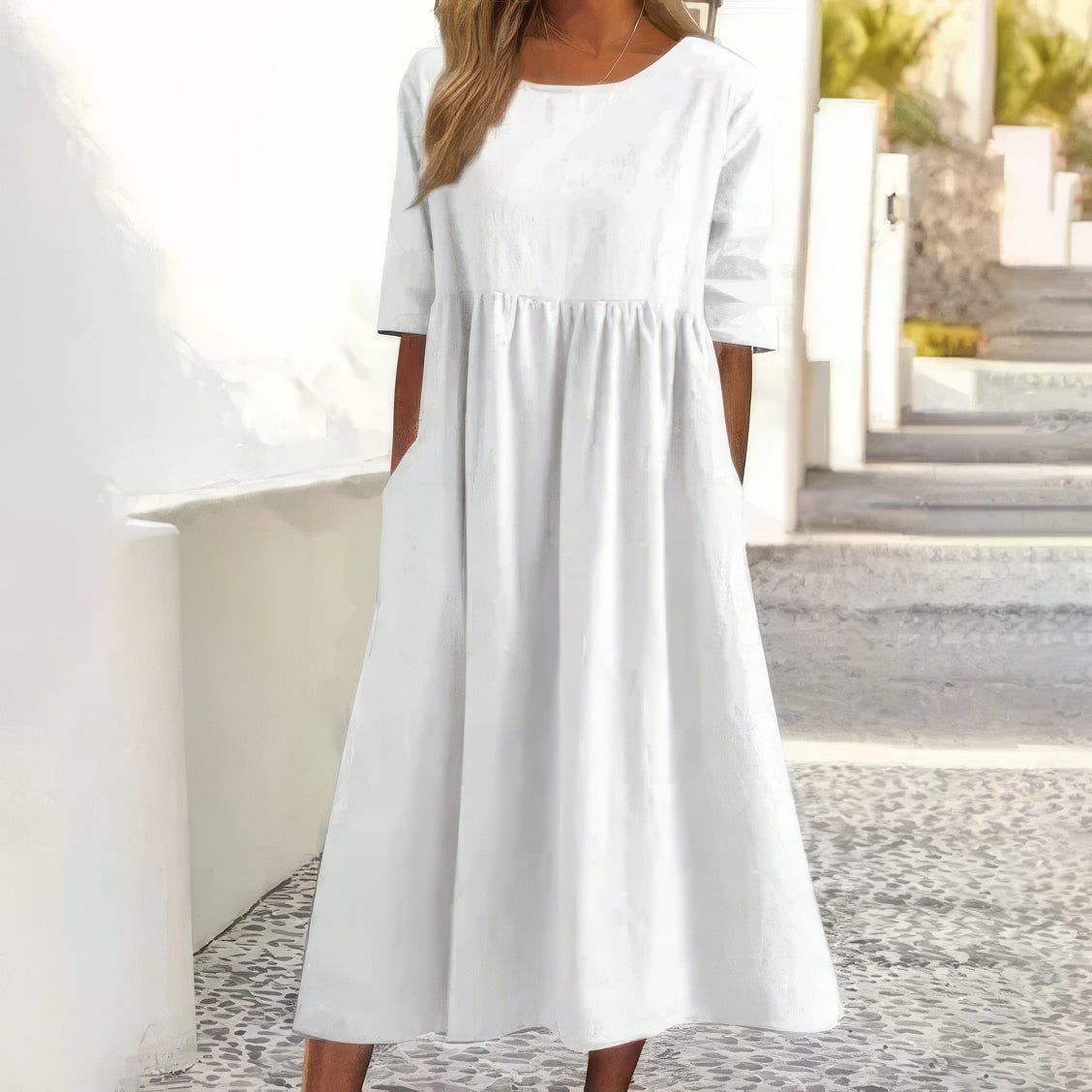 Robe en coton à col rond et poches